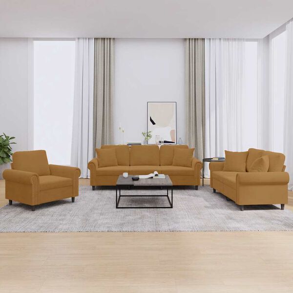 vidaXL 3-tlg. Sofagarnitur mit Kissen Braun Samt
