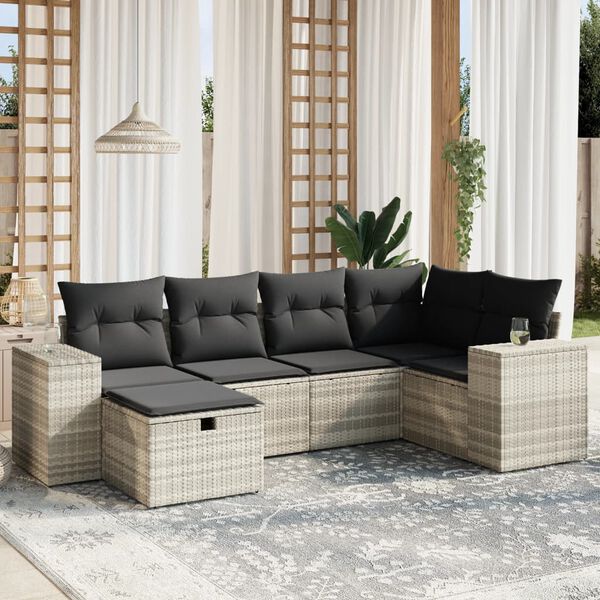 vidaXL 6-tlg. Garten-Sofagarnitur mit Kissen Hellgrau Poly Rattan