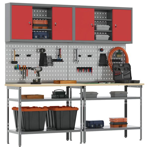 vidaXL Werkbank-Set mit Regal 8 pcs Rot Pulverbeschichteter Stahl