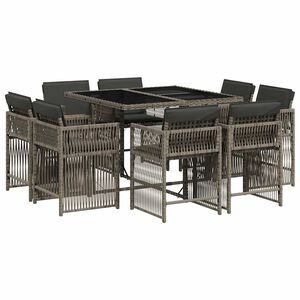 vidaXL 9-tlg. Garten-Essgruppe mit Kissen Grau Poly Rattan