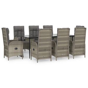 vidaXL 9-tlg. Garten-Essgruppe mit Kissen Schwarz und Grau Poly Rattan
