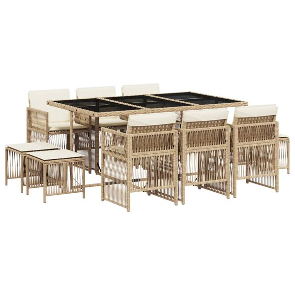 vidaXL 11-tlg. Garten-Essgruppe mit Kissen Beige Poly Rattan