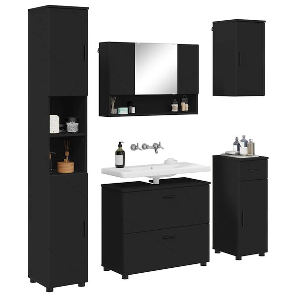 vidaXL Badezimmerm&ouml;bel-Set mit T&uuml;r 5 pcs Schwarz Sperrholz und Metall