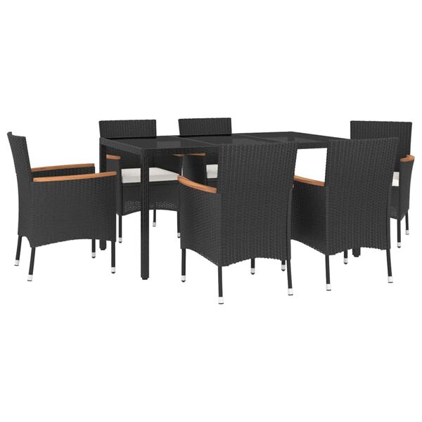 vidaXL 7-tlg. Garten-Essgruppe mit Kissen Schwarz Poly Rattan
