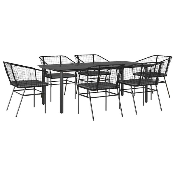 vidaXL 7-tlg. Garten-Essgruppe mit Kissen Schwarz Poly Rattan Glas