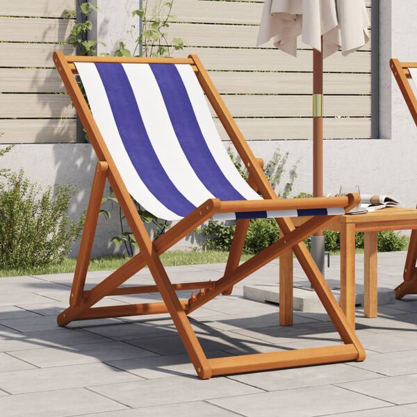 vidaXL Strandstuhl Klappbar Blau Wei&szlig; Massivholz Eukalyptus und Stoff