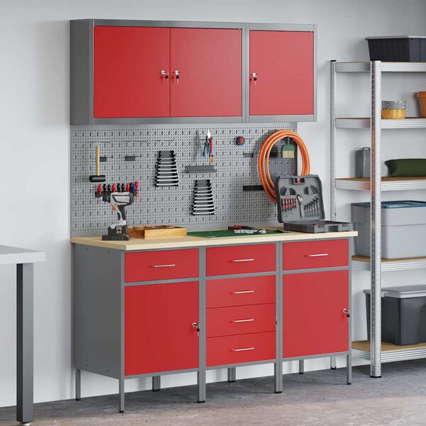 vidaXL Werkbank mit Schubladen 8 pcs Rot Ingenieure Holz und Stahl
