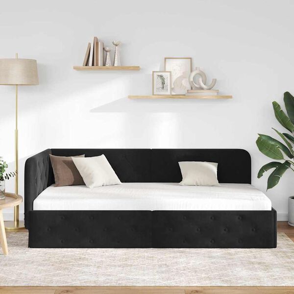 vidaXL Eckbettgestell mit Kopfteil Schwarz 90 x 200 cm Samt
