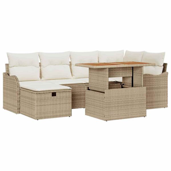 vidaXL Garten-Sofa-Set mit Kissen mit Speicher 7 pcs Beige Poly Rattan