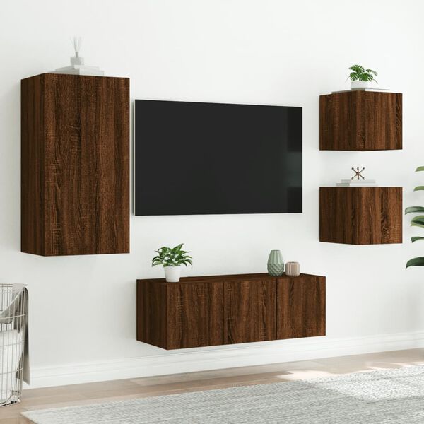 vidaXL 5-tlg. Wohnwand mit LED-Beleuchtung Braun Eichen-Optik
