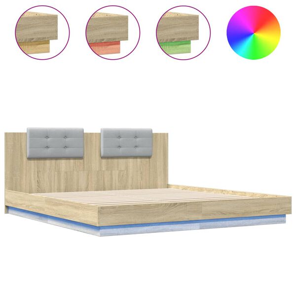 vidaXL Bettgestell mit Kopfteil & LED-Leuchten Sonoma-Eiche 180x200 cm