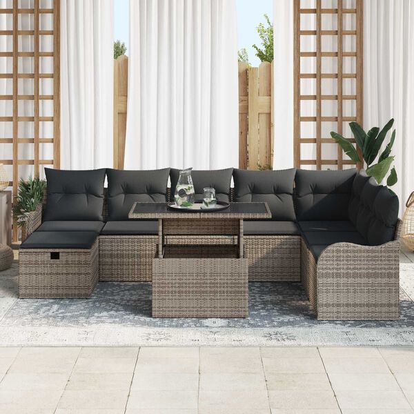 vidaXL Garten-Sofa-Set mit Kissen mit Speicher 9 pcs Grau Poly Rattan