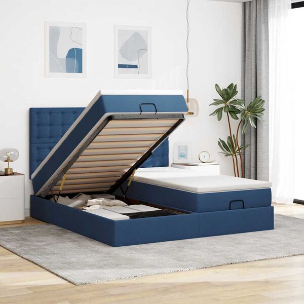 vidaXL Ottoman-Bett mit Matratzen & LEDs Blau 200x200 cm Stoff