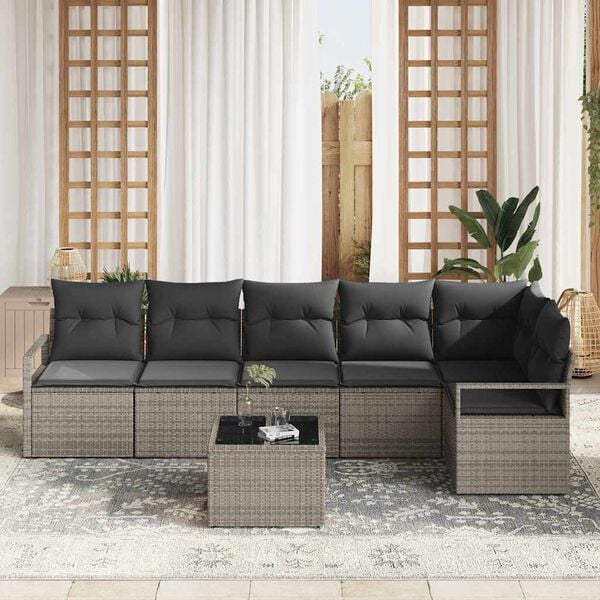 vidaXL Sofa Set mit Kissen 7 pcs Grau Poly Rattan