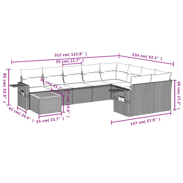 vidaXL 10-tlg. Garten-Sofagarnitur mit Kissen Grau Poly Rattan