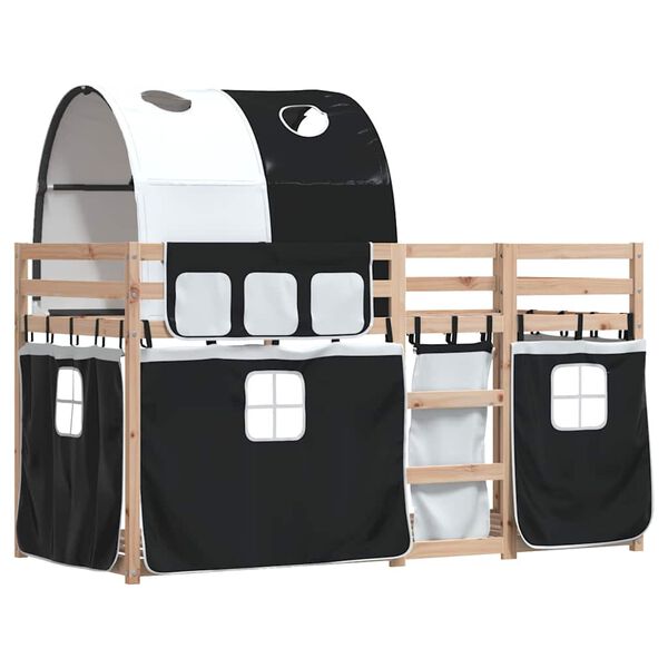 vidaXL Etagenbett mit Vorh&auml;ngen Wei&szlig; Schwarz 90x200 cm Kiefernholz