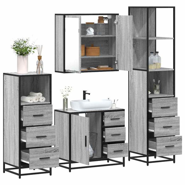 vidaXL 4-tlg. Badm&ouml;bel-Set Grau Sonoma Holzwerkstoff