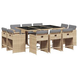 vidaXL 11-tlg. Garten-Essgruppe mit Kissen Beigemischung Poly Rattan