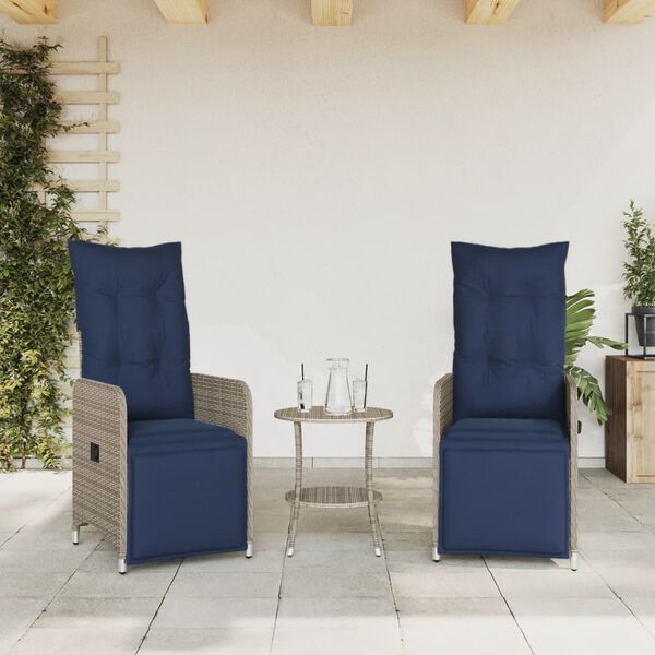 vidaXL Gartenstühle Verstellbar 2 Stk. mit Tisch Grau Poly Rattan