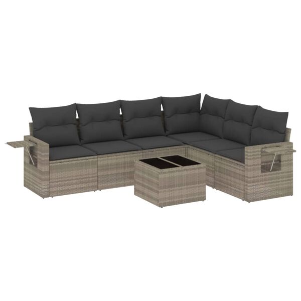 vidaXL 7-tlg. Garten-Sofagarnitur mit Kissen Hellgrau Poly Rattan