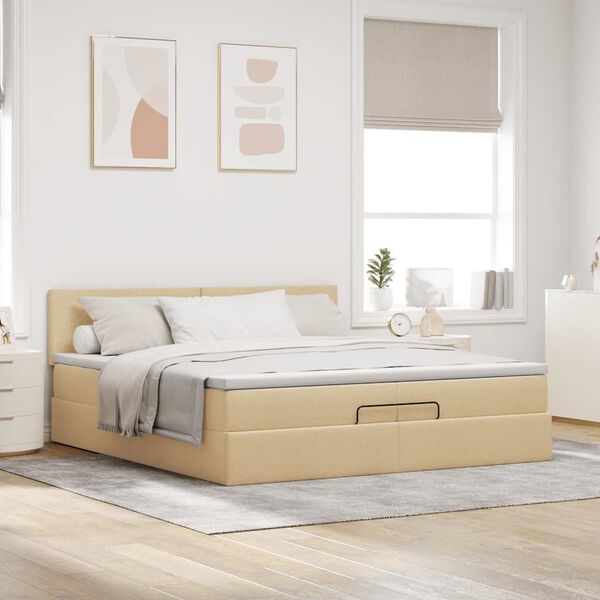 vidaXL Ottoman-Bett mit Matratzen & LEDs Creme 200x200 cm Stoff