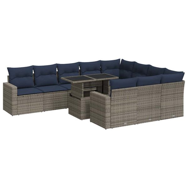vidaXL 11-tlg. Garten-Sofagarnitur mit Kissen Grau Poly Rattan
