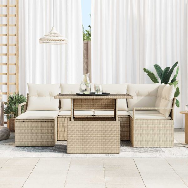 vidaXL Garten-Sofa-Set mit Speicher 7 pcs Beige Poly Rattan