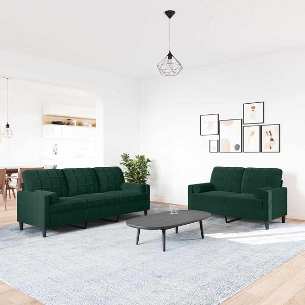 vidaXL 2-tlg. Sofagarnitur mit Kissen und Nackenrollen Dunkelgr&uuml;n Samt