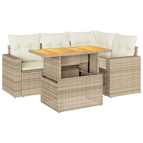 vidaXL 5-tlg. Garten-Sofagarnitur mit Kissen Beige Poly Rattan