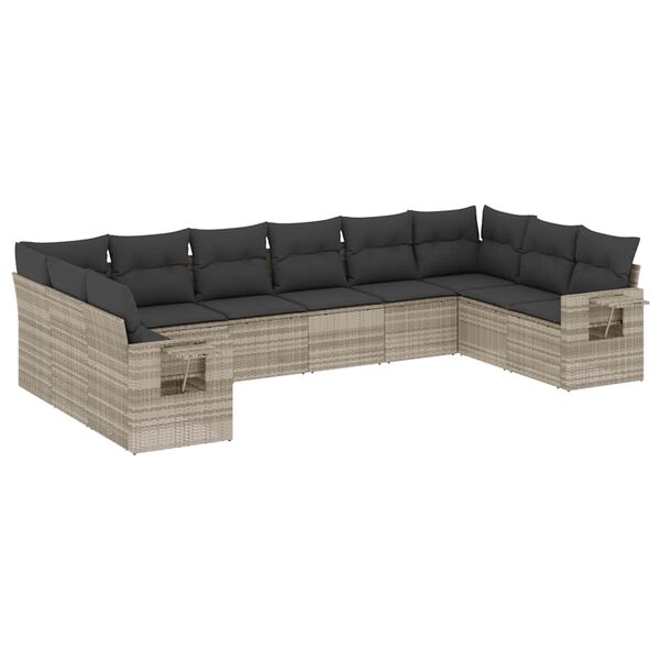 vidaXL 10-tlg. Garten-Sofagarnitur mit Kissen Hellgrau Poly Rattan