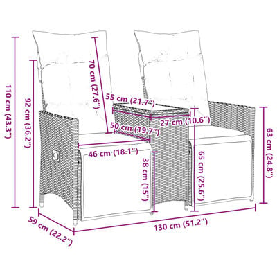 vidaXL Gartensofa 2-Sitzer Verstellbar mit Tisch Beige Poly Rattan