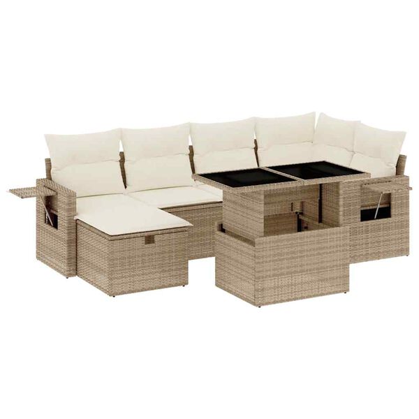 vidaXL 7-tlg. Garten-Sofagarnitur mit Kissen Beige Poly Rattan