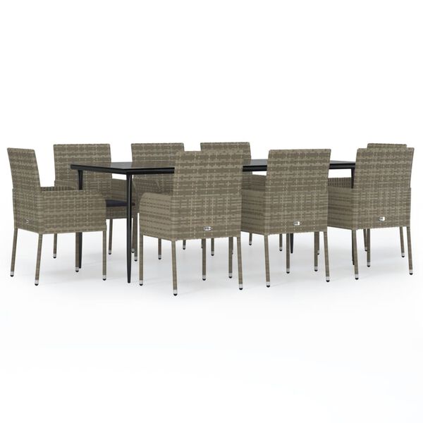 vidaXL 9-tlg. Garten-Essgruppe mit Kissen Schwarz und Grau Poly Rattan