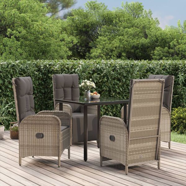 vidaXL 5-tlg. Garten-Essgruppe mit Kissen Schwarz und Grau Poly Rattan