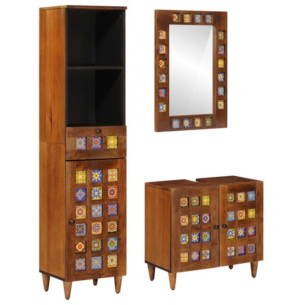 vidaXL Badezimmerm&ouml;bel-Set mit Regal 3 pcs Walnuss Massivholz Mango