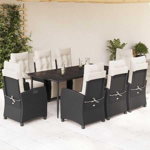 vidaXL 9-tlg. Garten-Essgruppe mit Kissen Schwarz Poly Rattan