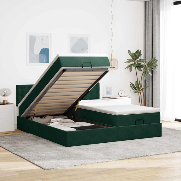 vidaXL Ottoman-Bett mit Matratzen & LEDs Dunkelgr&uuml;n 180x200 cm Samt