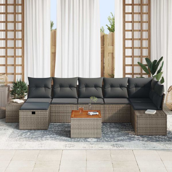 vidaXL Garten-Sofa-Set mit Kissen mit Speicher 8 pcs Grau Poly Rattan