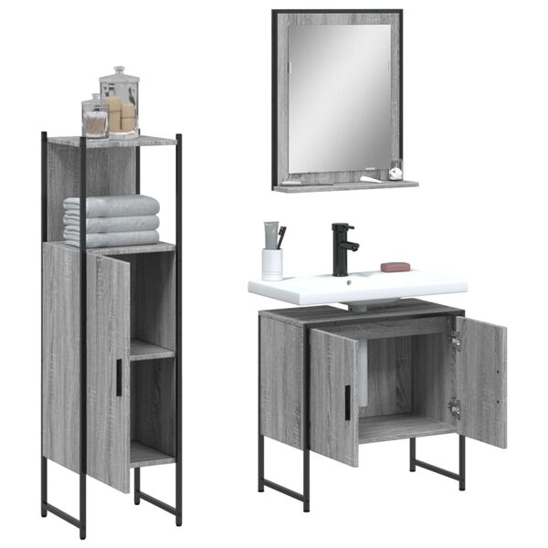vidaXL 3-tlg. Badm&ouml;bel-Set Grau Sonoma Holzwerkstoff