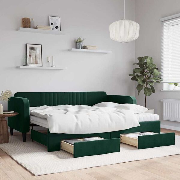 vidaXL Tagesbett Ausziehbar mit Schubladen Dunkelgr&uuml;n 90x200 cm Samt