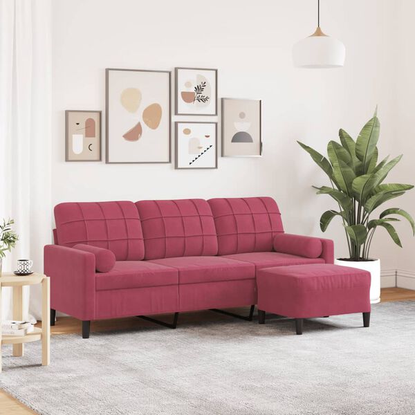 vidaXL 3-Sitzer-Sofa mit Hocker Weinrot 180 cm Samt