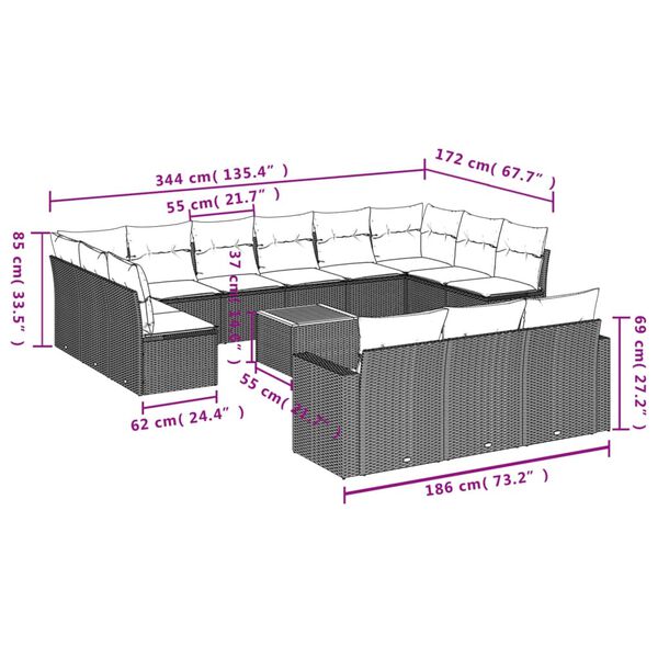 vidaXL 14-tlg. Garten-Sofagarnitur mit Kissen Beige Poly Rattan