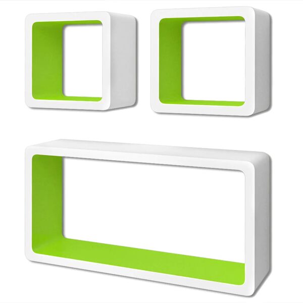 3-tlg. Wandregal-Set W&uuml;rfelform f&uuml;r B&uuml;cher DVD MDF Wei&szlig; Gr&uuml;n