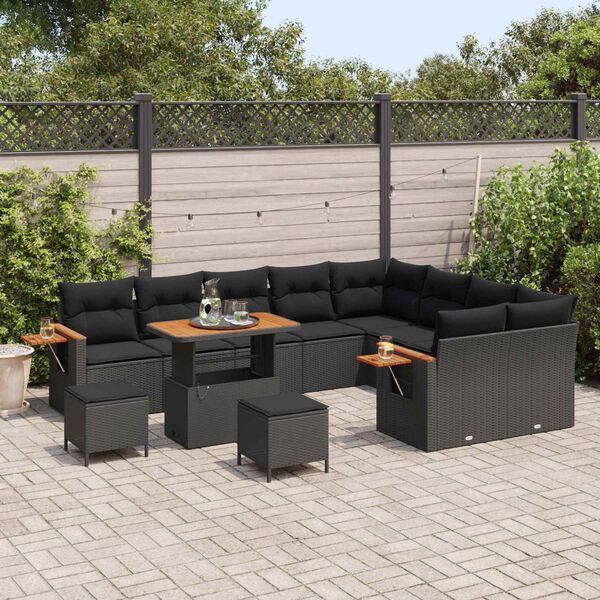 vidaXL Garten-Sofa-Set mit Kissen mit Speicher Schwarz Poly Rattan