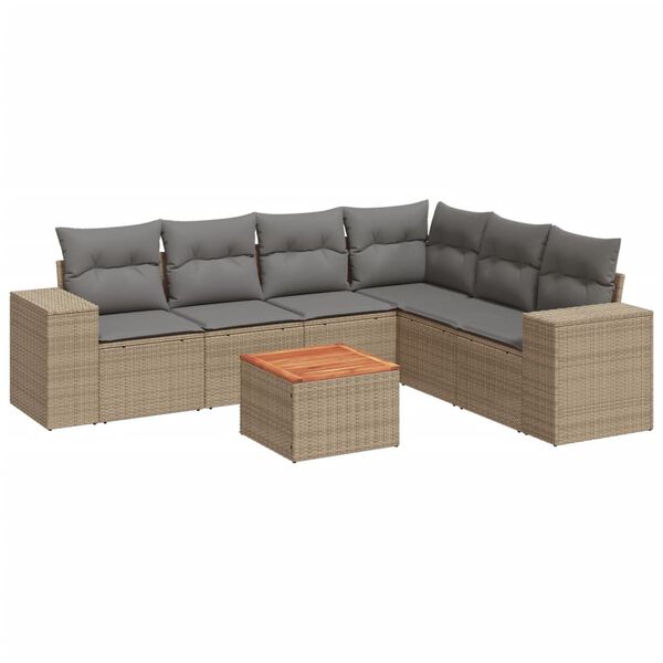 vidaXL 7-tlg. Garten-Sofagarnitur mit Kissen Beige Poly Rattan