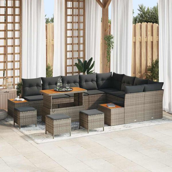 vidaXL Garten-Sofa-Set mit Kissen mit Speicher Grau Poly Rattan