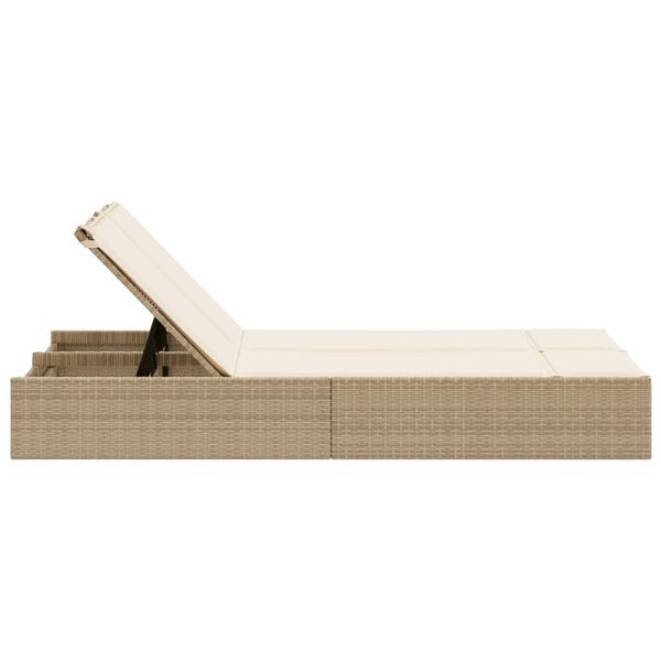 vidaXL Doppel-Sonnenliege mit Auflagen Beige Poly Rattan