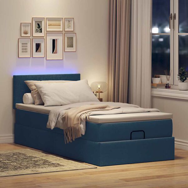 vidaXL Ottoman-Bett mit Matratze & LEDs Blau 90x190 cm Stoff