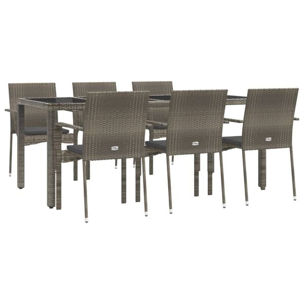 vidaXL 7-tlg. Garten-Essgruppe mit Kissen Grau Poly Rattan