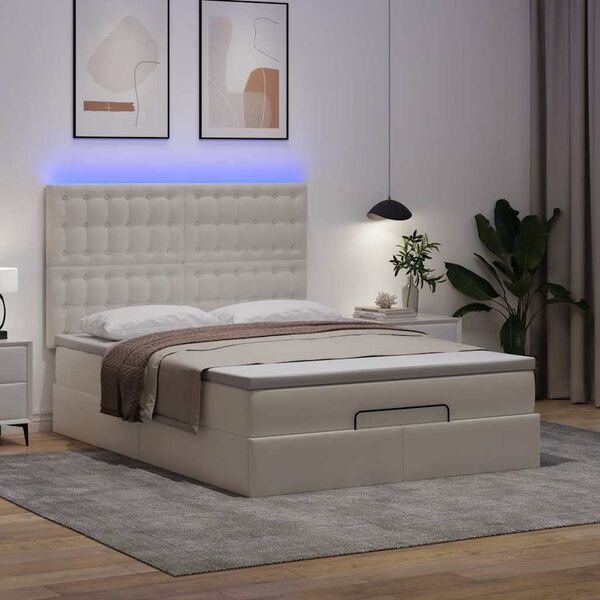 vidaXL Ottoman-Bett mit Matratze & LEDs Weiß 140x200 cm Kunstleder